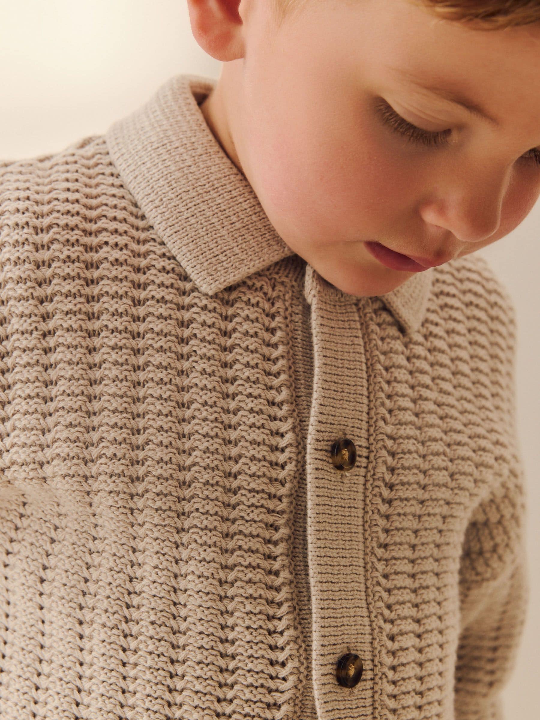 Buy Neutral Textured Button Through Knitted Polo Shirt (3mths-7yrs