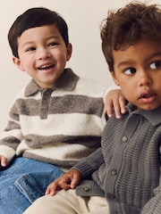Grey/Brown Stripe Knitted Rugby Polo Shirt (3mths-7yrs) - Image 1 of 10