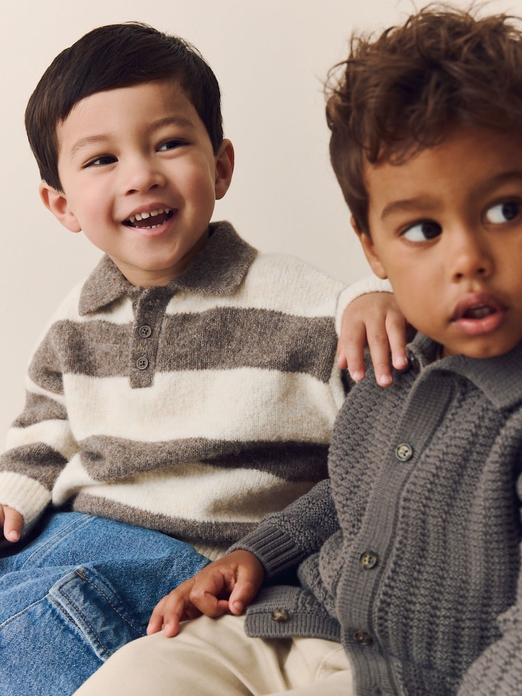 Grey/Brown Stripe Knitted Rugby Polo Shirt (3mths-7yrs) - Image 1 of 10