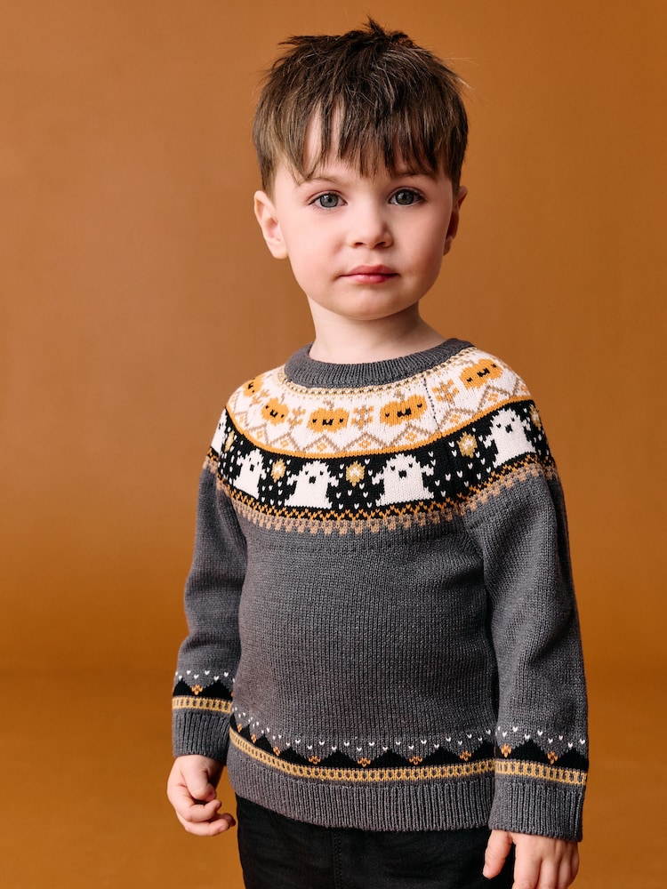 Charcoal Grey Fairisle Halloween Knitted Crew Neck Jumper (3mths-7yrs) - Image 1 of 5