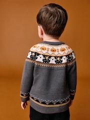 Charcoal Grey Fairisle Halloween Knitted Crew Neck Jumper (3mths-7yrs) - Image 2 of 5