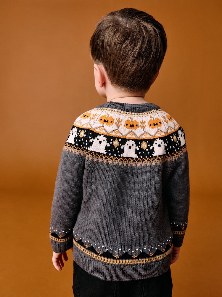 Charcoal Grey Fairisle Halloween Knitted Crew Neck Jumper (3mths-7yrs) - Image 2 of 5