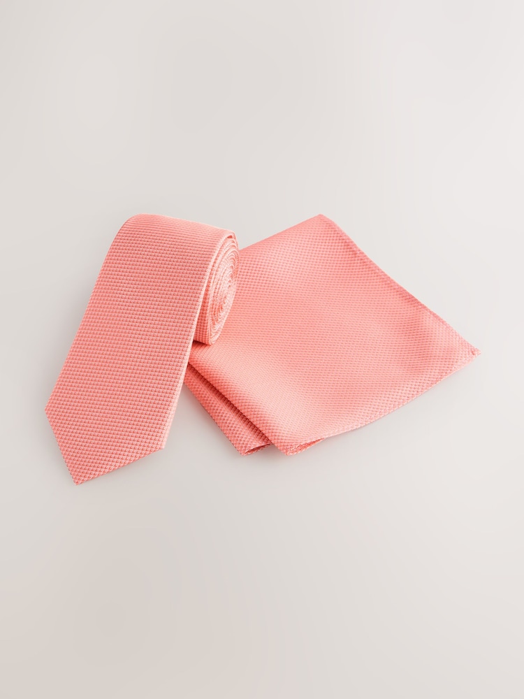 Coral Textured Tie And Pocket Square Set - Image 1 of 4