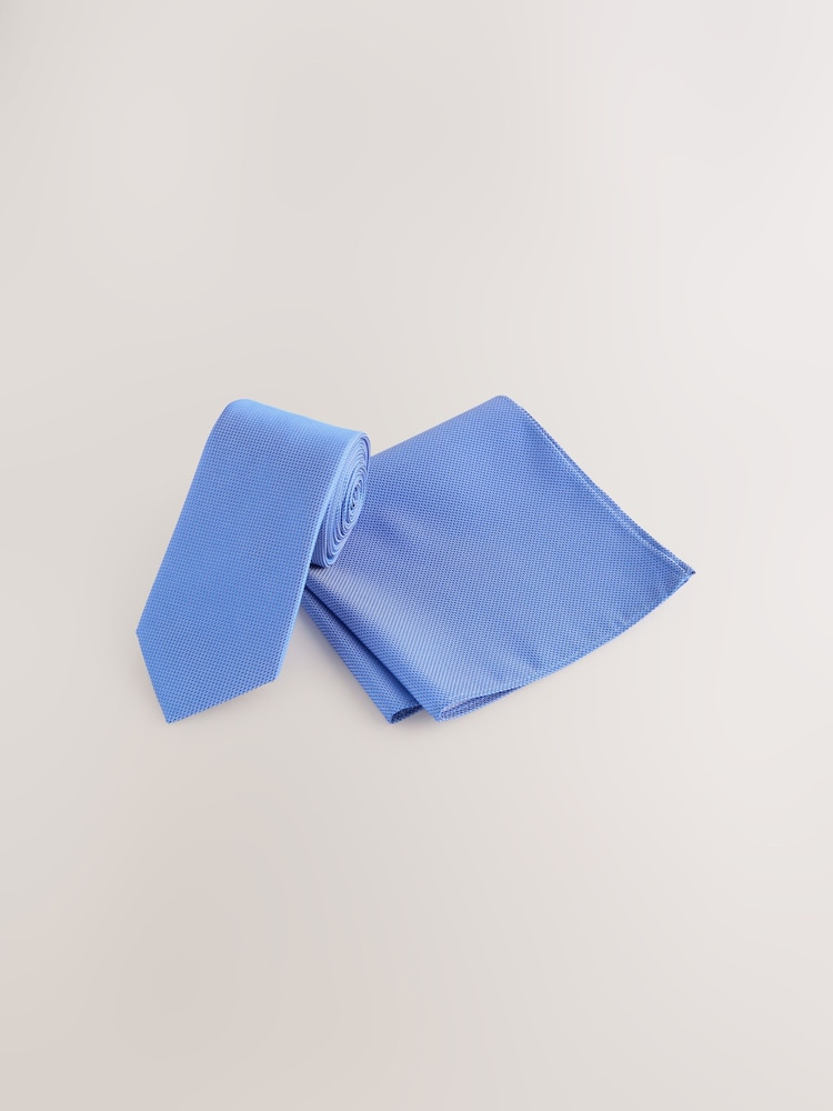 Blue Slim Textured Tie And Pocket Square Set - Image 1 of 4