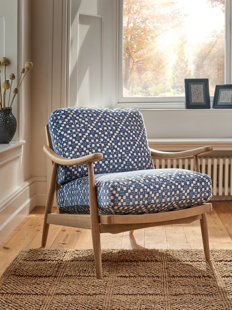 Woven Geometric Blue Hampton Wooden Accent Chair - Image 1 of 8