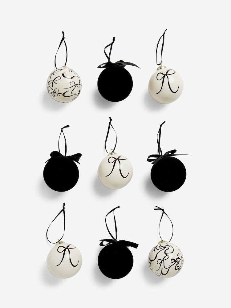 Set of 9 Black/White Bow Christmas Baubles - Image 1 of 1