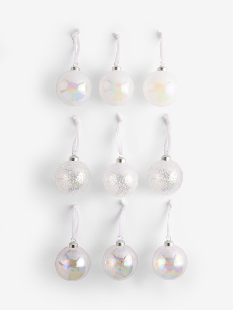 Set of 9 White Luxe Glass Christmas Baubles - Image 1 of 1