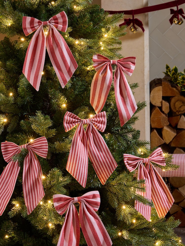 6 Pack Red/White Stripey Bow Christmas Baubles - Image 1 of 3
