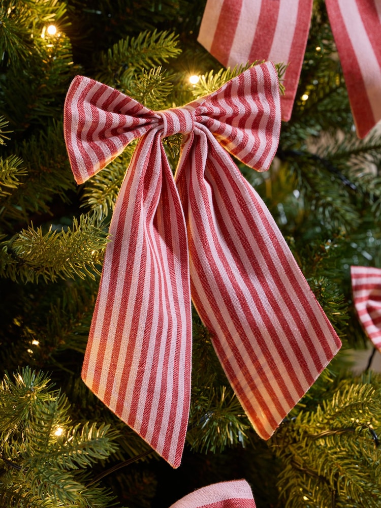 6 Pack Red/White Stripey Bow Christmas Baubles - Image 2 of 3 6 Pack Red/White Stripey Bow Christmas Baubles - Image 2 of 3
