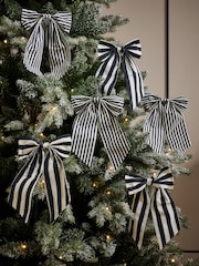 6 Pack Black/White Stripey Bow Christmas Baubles - Image 1 of 3