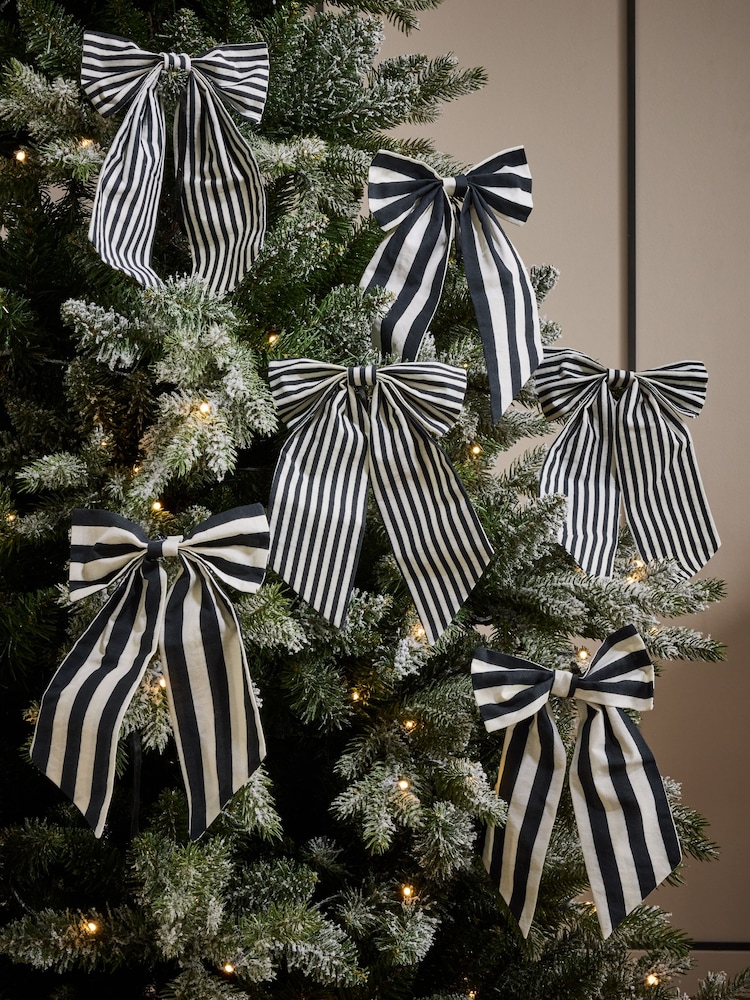 6 Pack Black/White Stripey Bow Christmas Baubles - Image 1 of 3 6 Pack Black/White Stripey Bow Christmas Baubles - Image 1 of 3