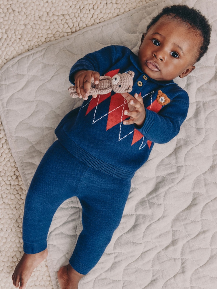 Blue/Red Argyle Baby Knitted Top and Leggings Set (0mths-2yrs) - Image 2 of 4