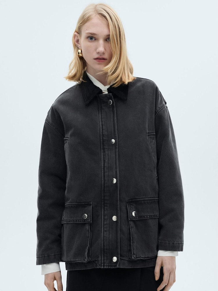 Mango Black Denim Jacket With Corduroy Collar - Image 1 of 6