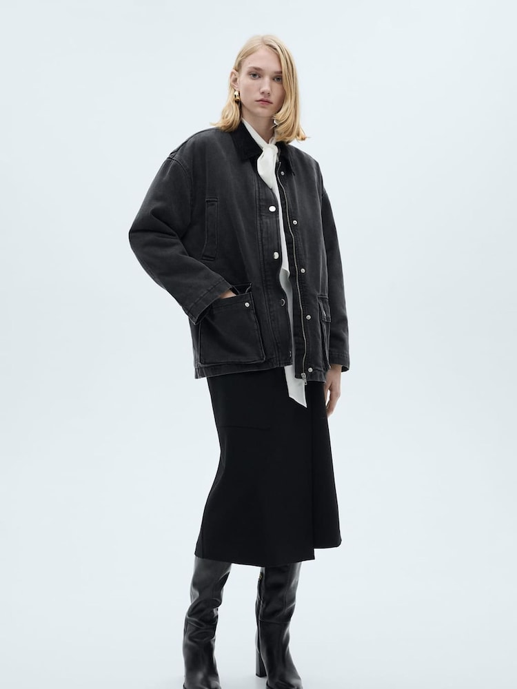 Mango Black Denim Jacket With Corduroy Collar - Image 2 of 6