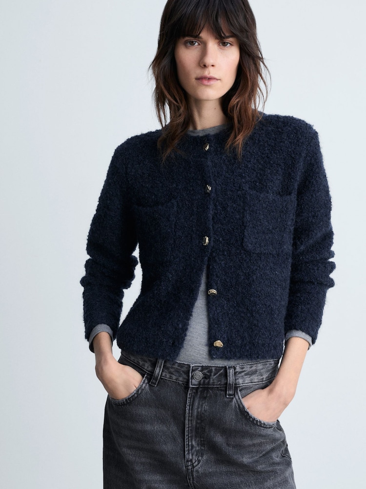 Mango Blue Navy Bouclé Jacket With Jewel Buttons - Image 1 of 7