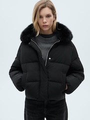 Mango Black Hooded Padded Faux Fur Jacket - Image 1 of 7