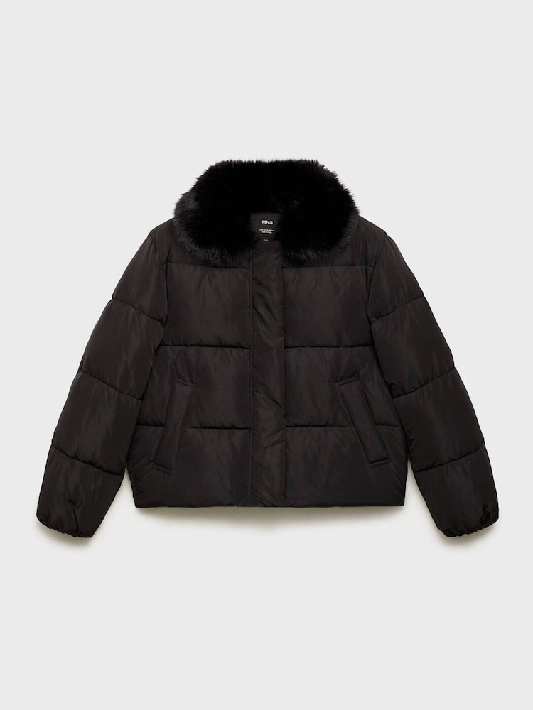 Mango Black Hooded Padded Faux Fur Jacket - Image 7 of 7