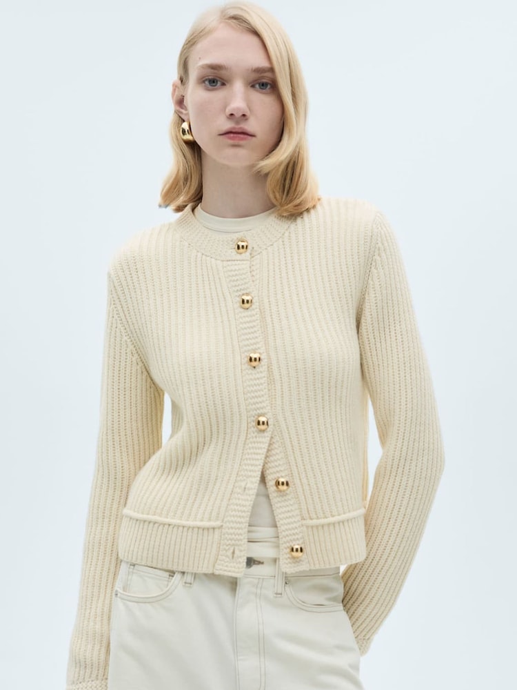 Mango Cream Knitted Jewel Buttoned Cardigan - Image 2 of 8