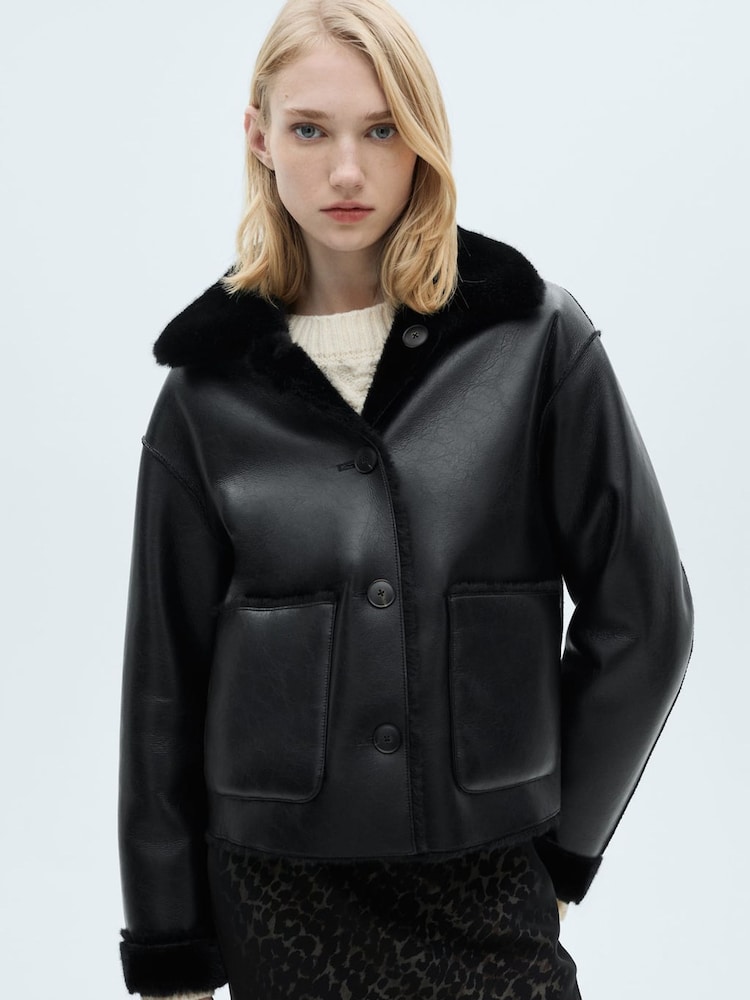 Mango Black Faux Fur Rosie Reversible Jacket - Image 1 of 6
