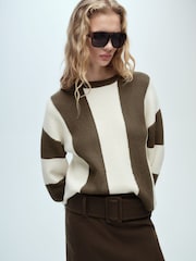 Mango Brown Stripe Knitted Colourblock Jumper - Image 1 of 10