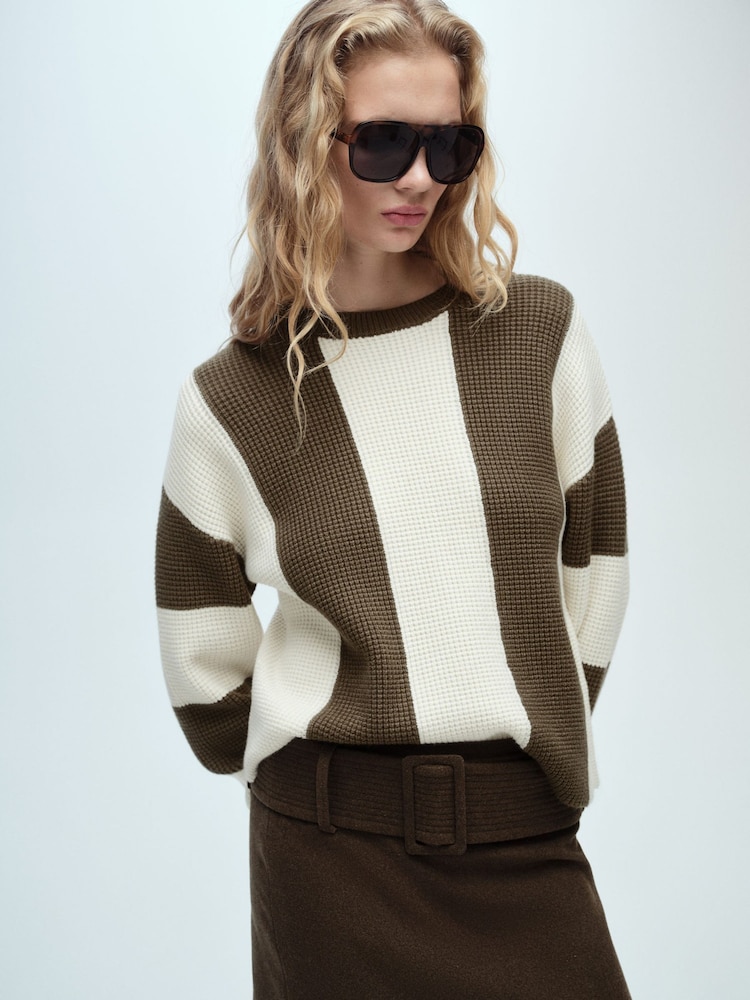 Mango Brown Stripe Knitted Colourblock Jumper - Image 1 of 10 Mango Brown Stripe Knitted Colourblock Jumper - Image 1 of 10