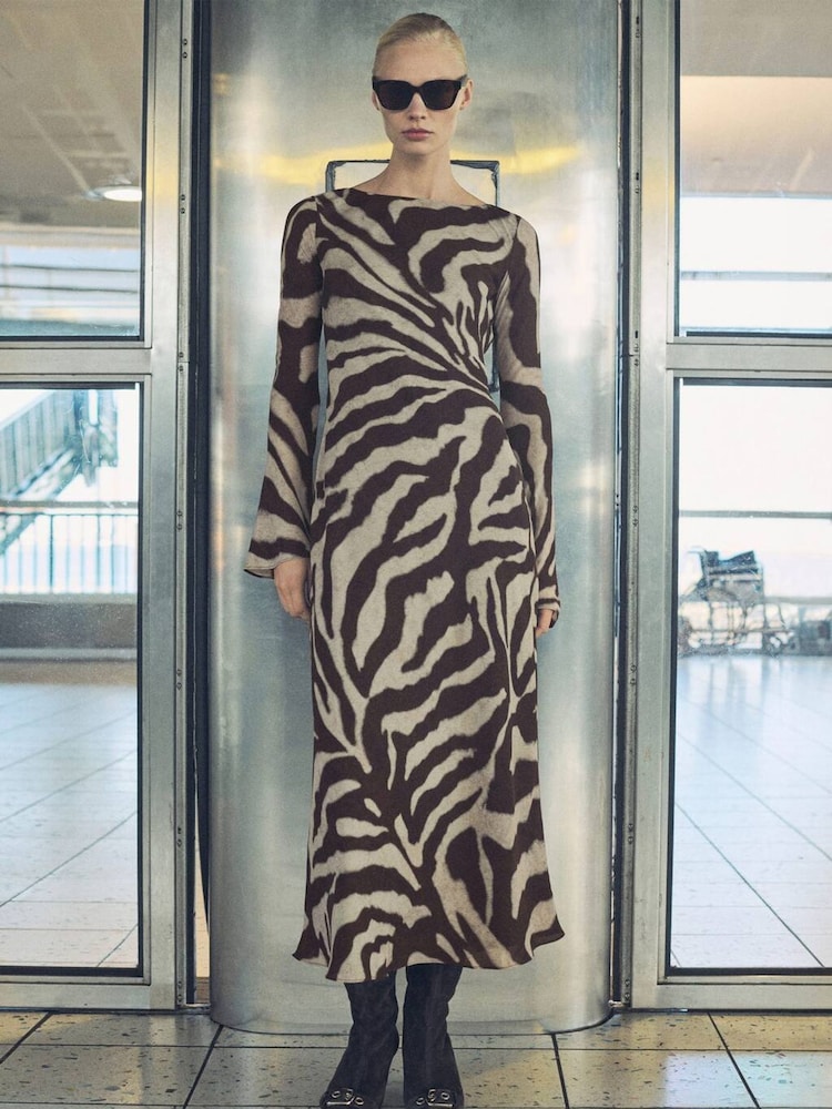 Mango Brown Animal Print Flared Alegra Dress - Image 1 of 7