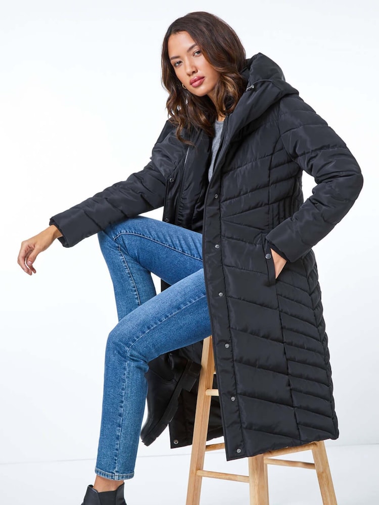 Roman Black Hooded Quilted Coat - Image 1 of 5