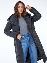 Roman Black Hooded Quilted Coat - Image 2 of 5