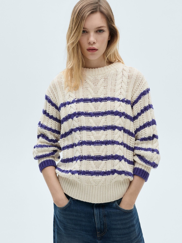 Mango Cream Striped Cable Knit Jumper - Image 1 of 7