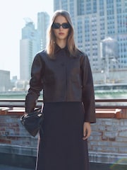 Mango Chocolate Brown Leather-Effect Jacket With Pockets - Image 1 of 6
