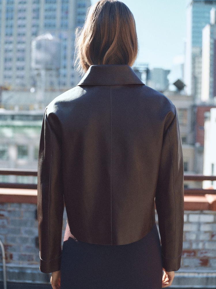 Mango Chocolate Brown Leather-Effect Jacket With Pockets - Image 2 of 6