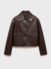 Mango Chocolate Brown Leather-Effect Jacket With Pockets - Image 5 of 6