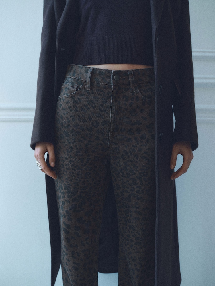 Mango Brown Leopard Print Straight Jeans - Image 1 of 7 Mango Brown Leopard Print Straight Jeans - Image 1 of 7