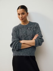 Charcoal Grey Christmas Sequin Bow Pattern Jumper With Wool - Image 4 of 8