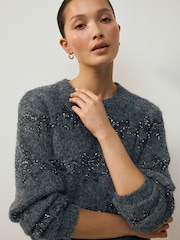 Charcoal Grey Christmas Sequin Bow Pattern Jumper With Wool - Image 5 of 8