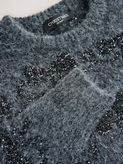 Charcoal Grey Christmas Sequin Bow Pattern Jumper With Wool - Image 8 of 8