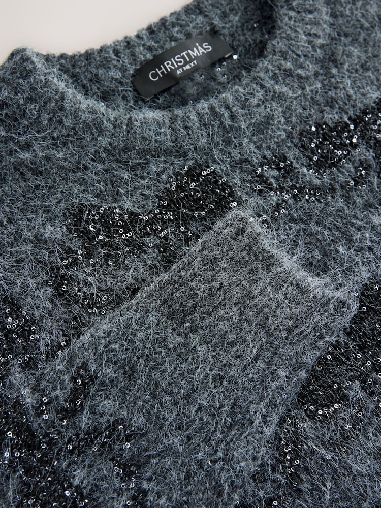 Charcoal Grey Christmas Sequin Bow Pattern Jumper With Wool - Image 8 of 8 Charcoal Grey Christmas Sequin Bow Pattern Jumper With Wool - Image 8 of 8