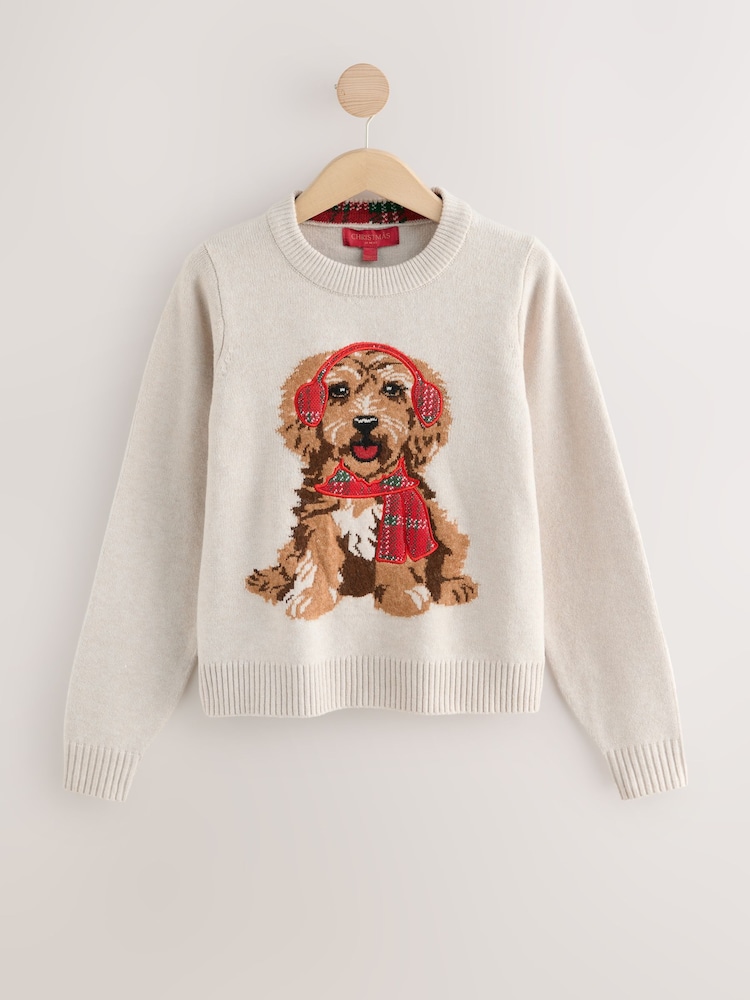 Cream Tartan Dog Graphic Christmas Jumper - Image 1 of 6 Cream Tartan Dog Graphic Christmas Jumper - Image 1 of 6