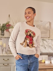 Cream Tartan Dog Graphic Christmas Jumper - Image 4 of 6