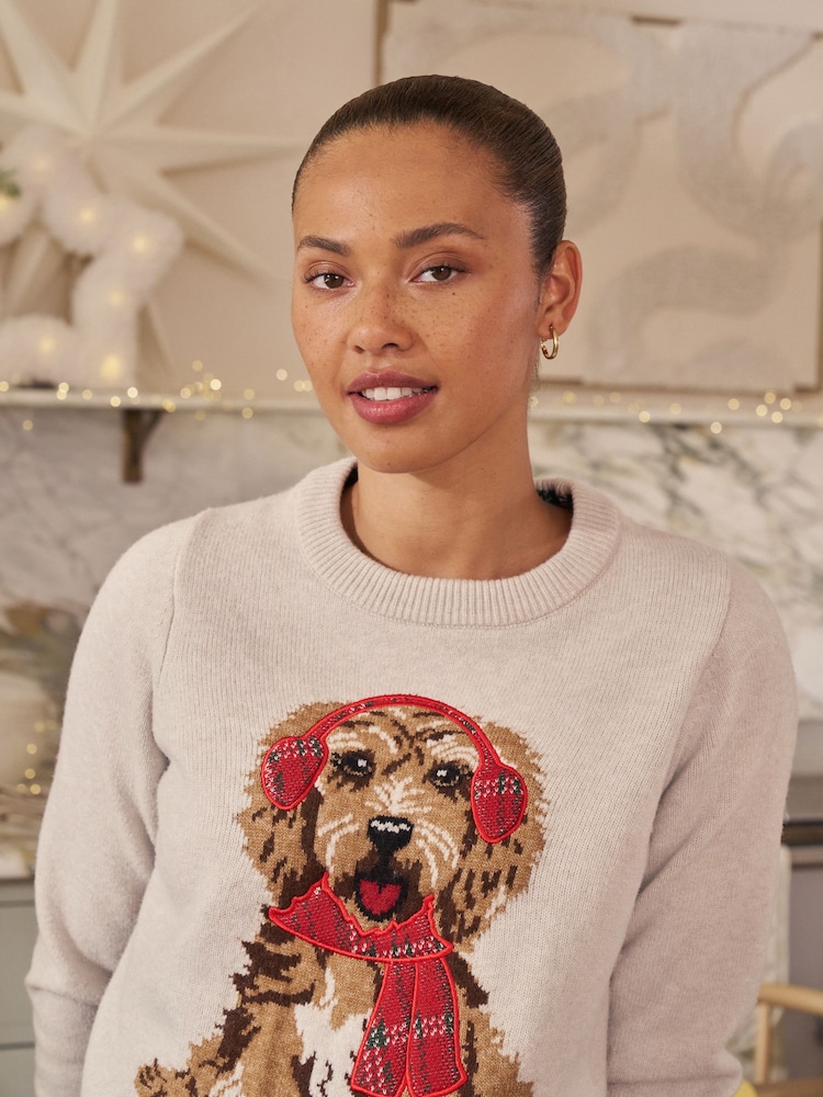 Cream Tartan Dog Graphic Christmas Jumper - Image 6 of 6 Cream Tartan Dog Graphic Christmas Jumper - Image 6 of 6
