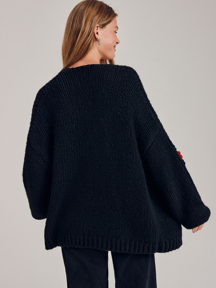 Cardigan De Noël XL Noir à Appliqués Bonbon Canne - Thème Ornements De Sapin - Marque Croft & Barrow Occasion