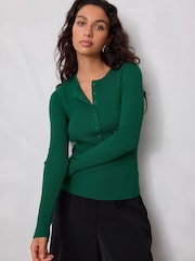 Dark Green Ribbed Crew Neck Long Sleeve Henley Jumper - Image 1 of 6