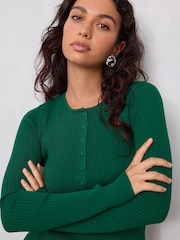 Dark Green Ribbed Crew Neck Long Sleeve Henley Jumper - Image 2 of 6