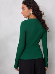 Dark Green Ribbed Crew Neck Long Sleeve Henley Jumper - Image 3 of 6