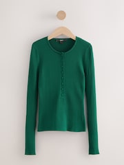 Dark Green Ribbed Crew Neck Long Sleeve Henley Jumper - Image 4 of 6
