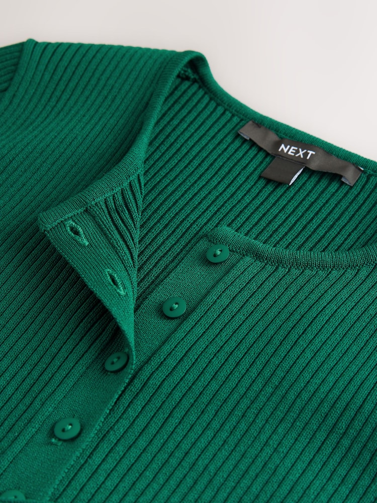 Dark Green Ribbed Crew Neck Long Sleeve Henley Jumper - Image 6 of 6