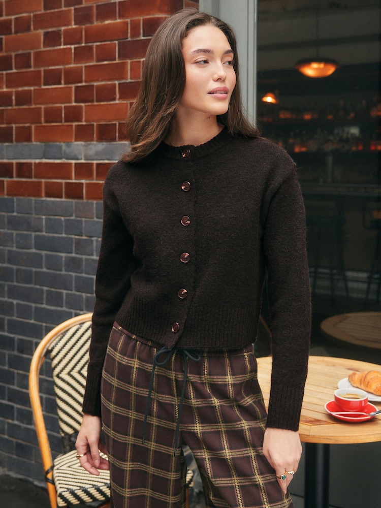 Chocolate Brown Crew Neck Knitted Cardigan - Image 2 of 7 Chocolate Brown Crew Neck Knitted Cardigan - Image 2 of 7