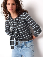 Grey/Blue Stripe Scarf Layer Crew Neck Cardigan - Image 1 of 9