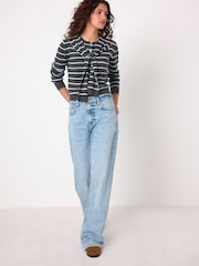 Grey/Blue Stripe Scarf Layer Crew Neck Cardigan - Image 3 of 9