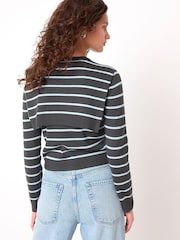Grey/Blue Stripe Scarf Layer Crew Neck Cardigan - Image 4 of 9